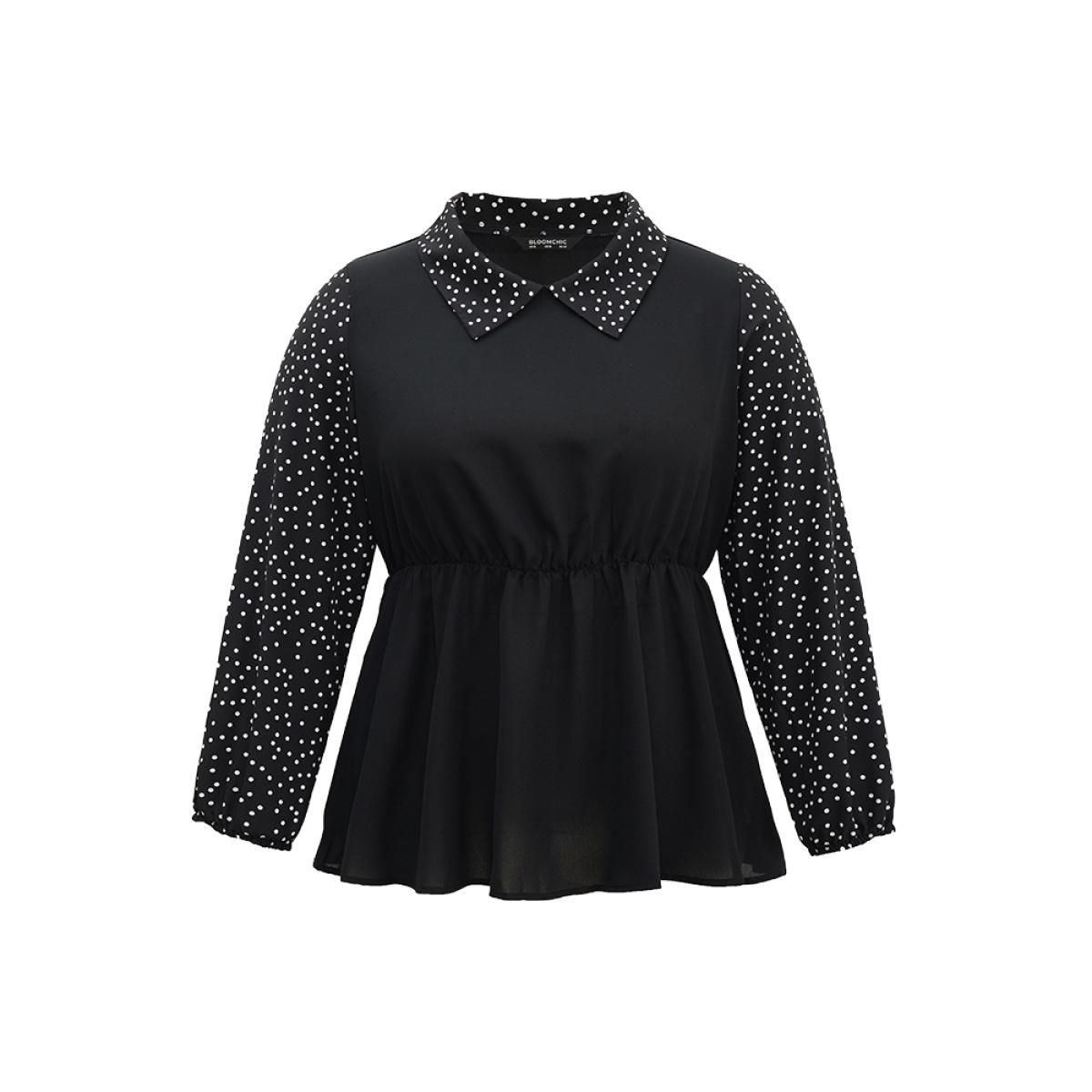 Plus Size Black Polka Dot Patchwork Lapel Collar Elastic Waist Blouse Women At the Office Long Sleeve Lapel Collar Office Blouses BloomChic 28/5X Product Image