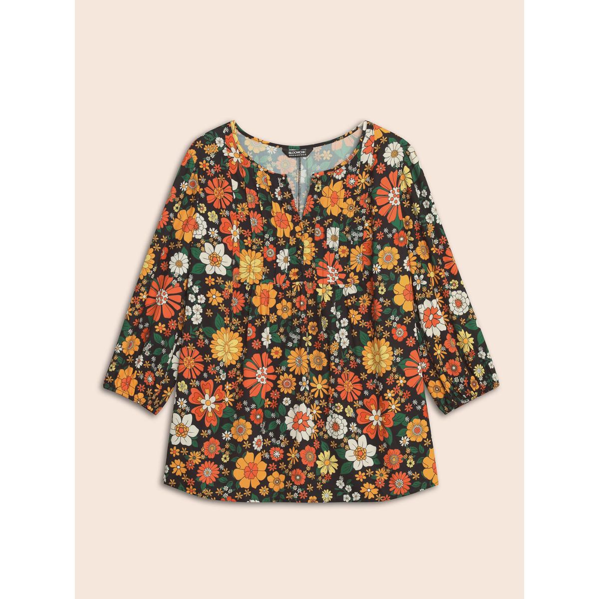 Plus Size Multicolor Natural Flowers Lantern Sleeve Pleated Blouse Women Elegant Elbow-length sleeve Flat collar with V-notch Everyday Blouses BloomChic 26/4X Product Image