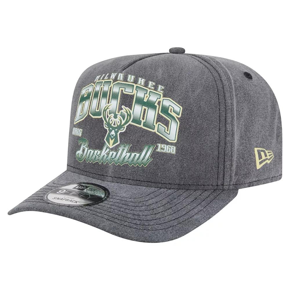 Men's New Era Charcoal Milwaukee Bucks Throwback Washed Pre-Curved 9FIFTY Snapback Hat Product Image