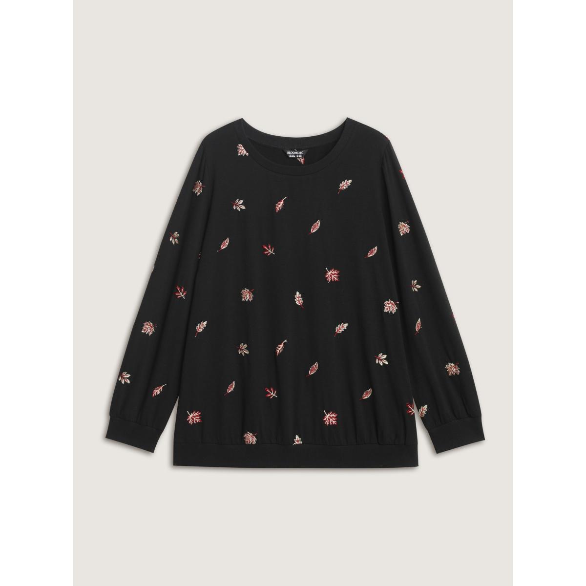 Plus Size Stretch Lead Embroidered Sweatshirt Women BlackFlower Leisure Embroidered Round Neck Casual Sweatshirts BloomChic 26/4X Product Image