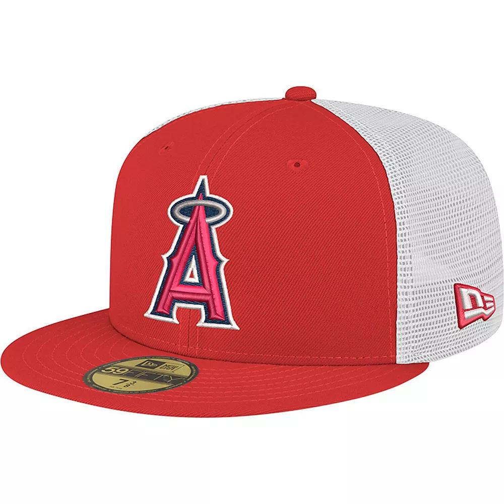 Men's New Era Red Los Angeles Angels Team Color 59FIFTY Trucker Fitted Hat, Size: 7 3/8 Product Image