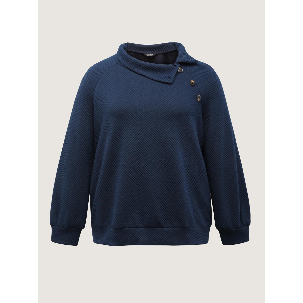 Plus Size Textured Folded Collar Button Sweatshirt Women Indigo Leisure Texture Turtleneck Casual Sweatshirts BloomChic 26/4X Product Image