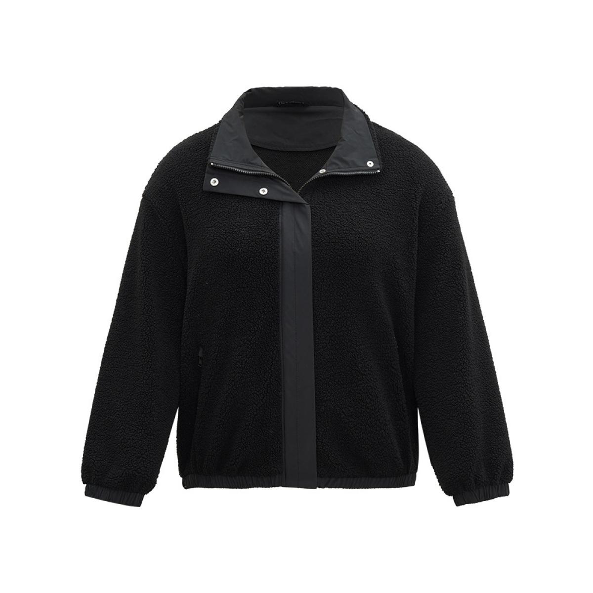 Plus Size Solid Patchwork Button Up Pocket Zipper Jacket Women Black Zipper Pocket Dailywear Jackets BloomChic 12/L Product Image