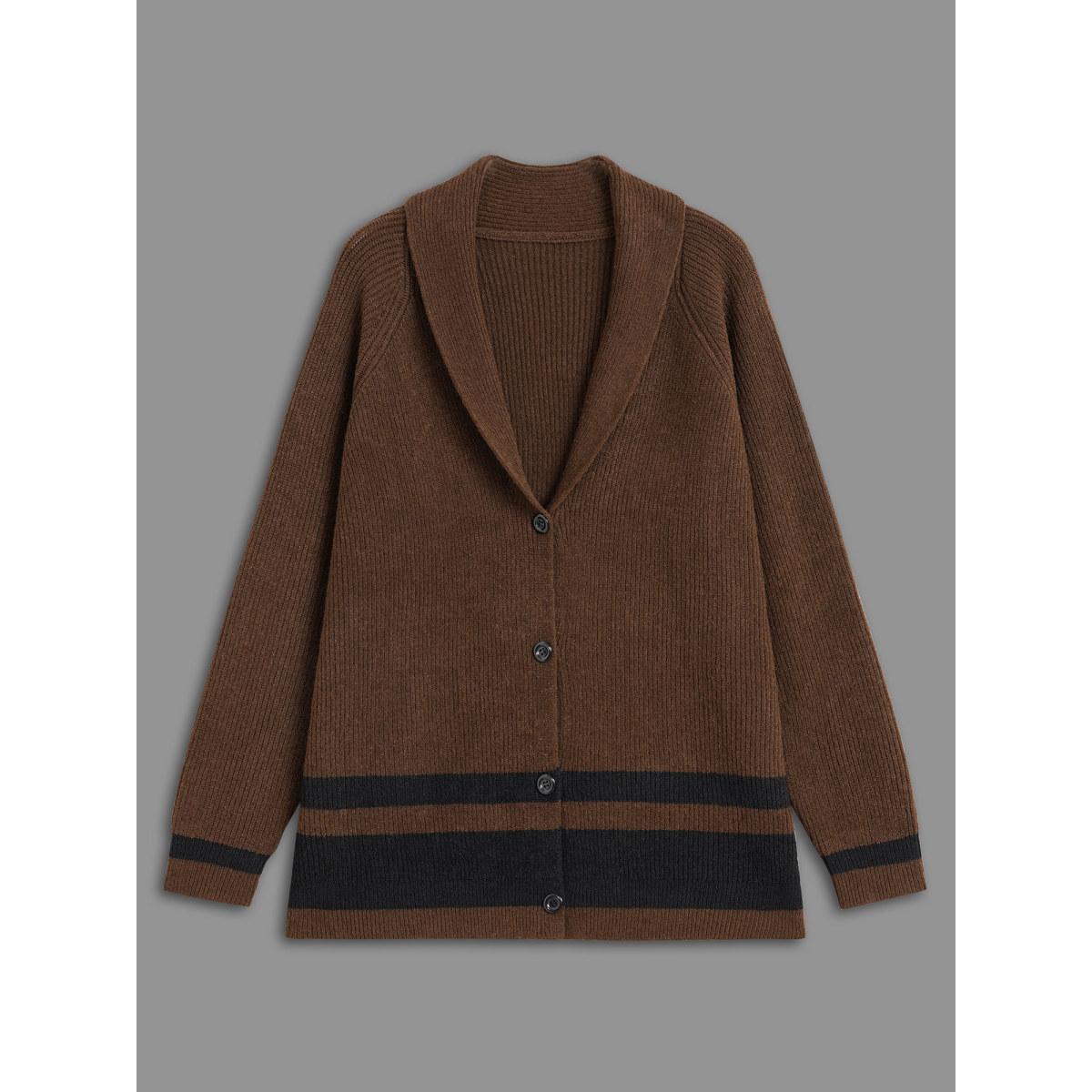 Plus Size Collared Button Front Striped Hem Knit Cardigan DarkBrown Women Casual Loose Long Sleeve Everyday Cardigans BloomChic 26/4X Product Image