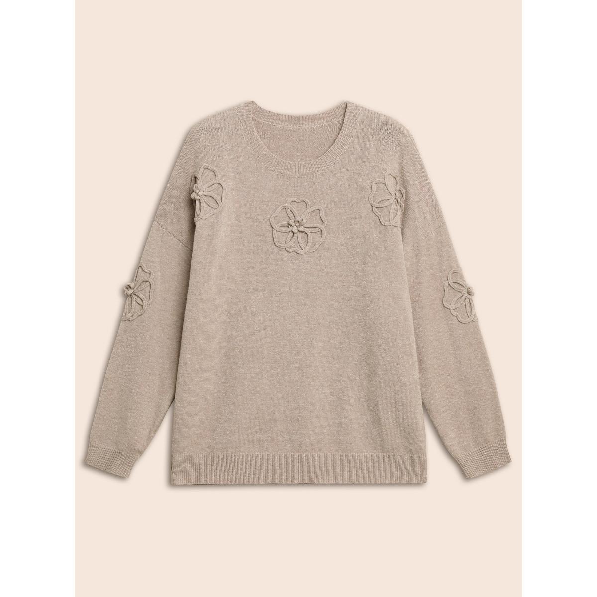 Plus Size Supersoft Essentials Stereo Flower Design Pullover Apricot Women Playful Loose Long Sleeve Round Neck Casual Pullovers BloomChic 12/L Product Image