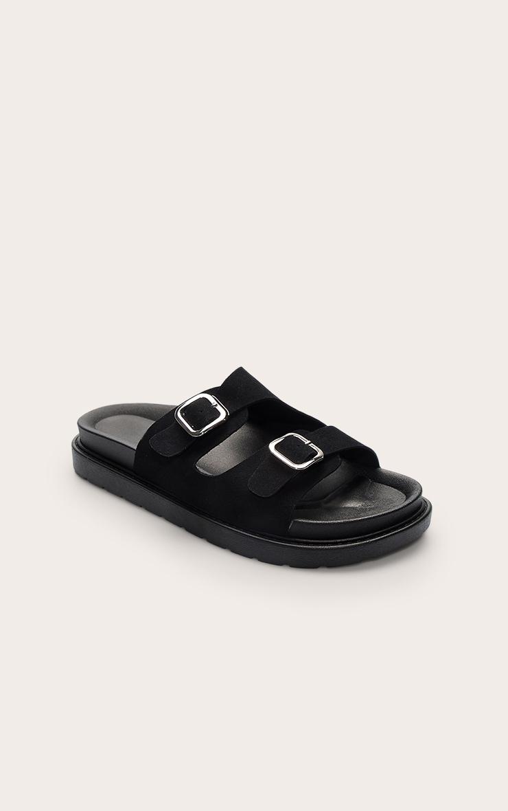 Black Faux Suede Double Buckle Footbed Sandals Product Image