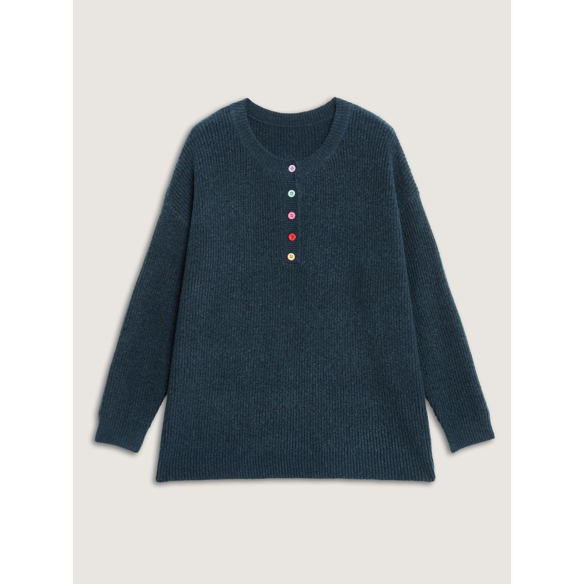 Plus Size Supersoft Half-Button Placket Textured Solid Pullover Indigo Women Leisure Loose Long Sleeve Round Neck Casual Pullovers BloomChic 30/6X Product Image