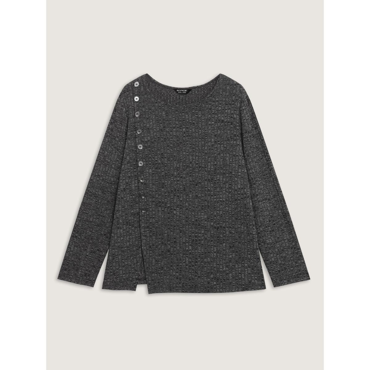 Plus Size Stretchy Side Button Detail Slit T-Shirt DimGray Women Leisure Texture Round Neck Bodycon Casual T-shirts BloomChic 22-24/3X Product Image