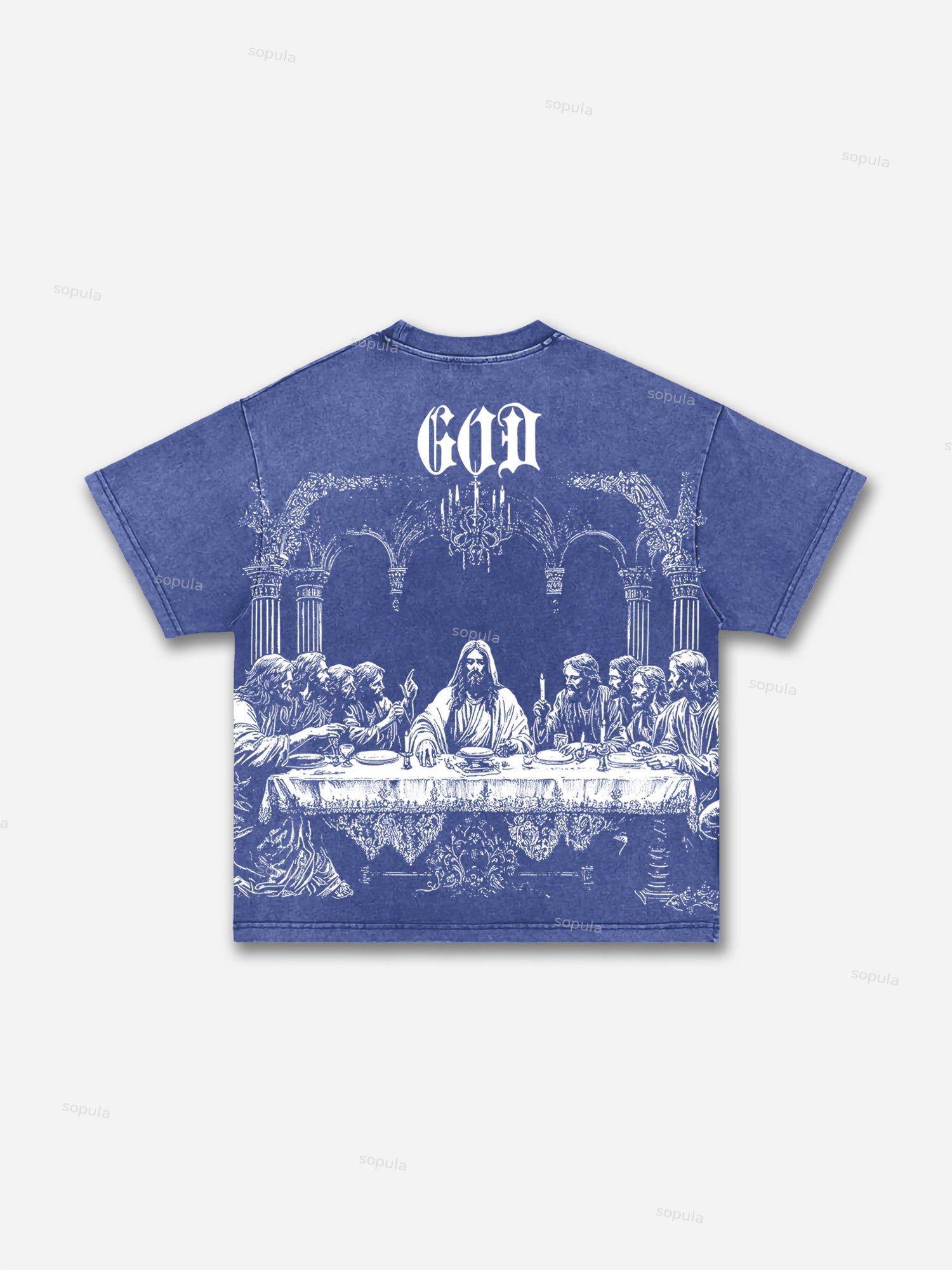 God's Supper Print Acid Wash T-shirt Product Image