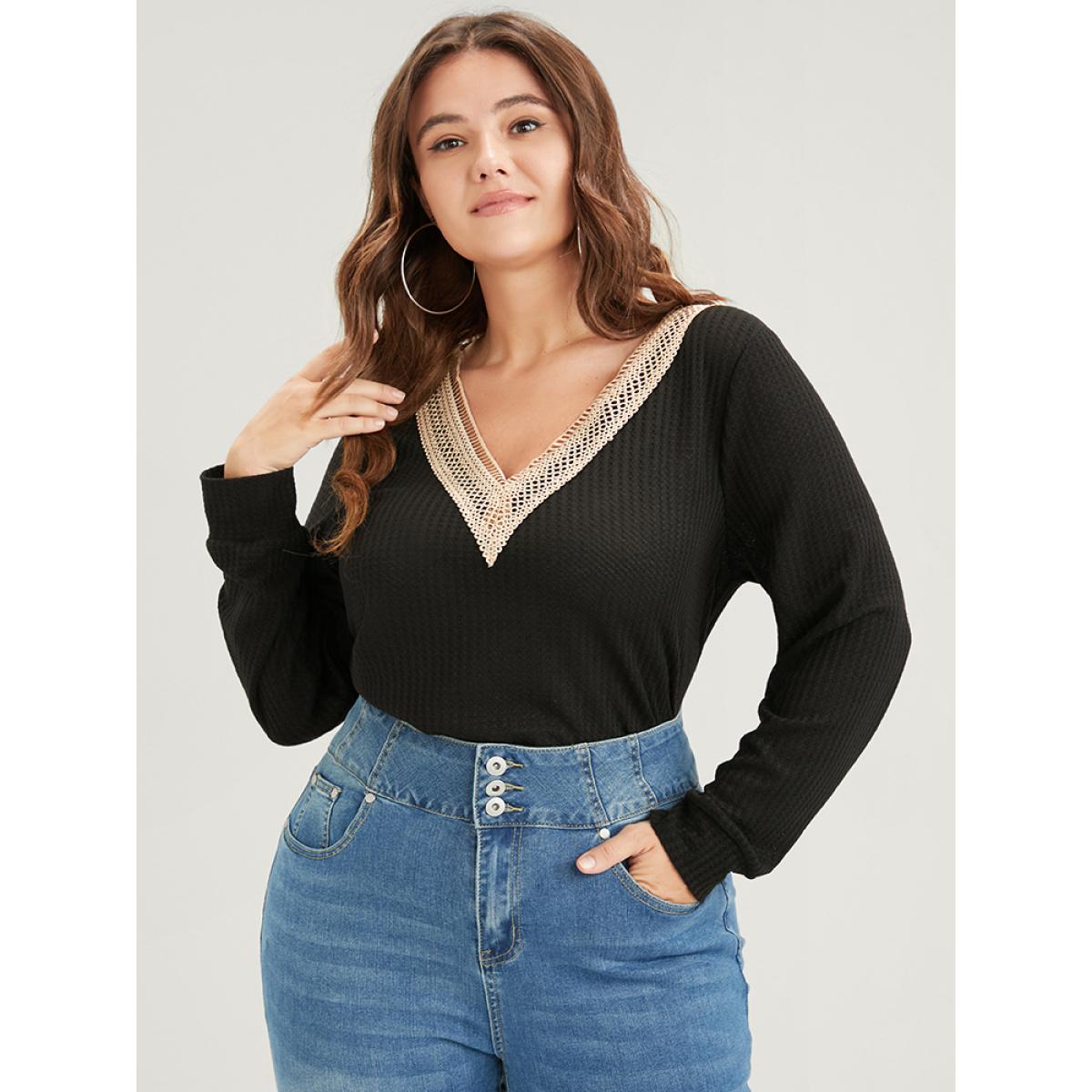 Plus Size Solid Drop Shoulder Contrast Lace Waffle Knit Sweatshirt Women Black Casual Patchwork V-neck Dailywear Sweatshirts BloomChic 26/4X Product Image