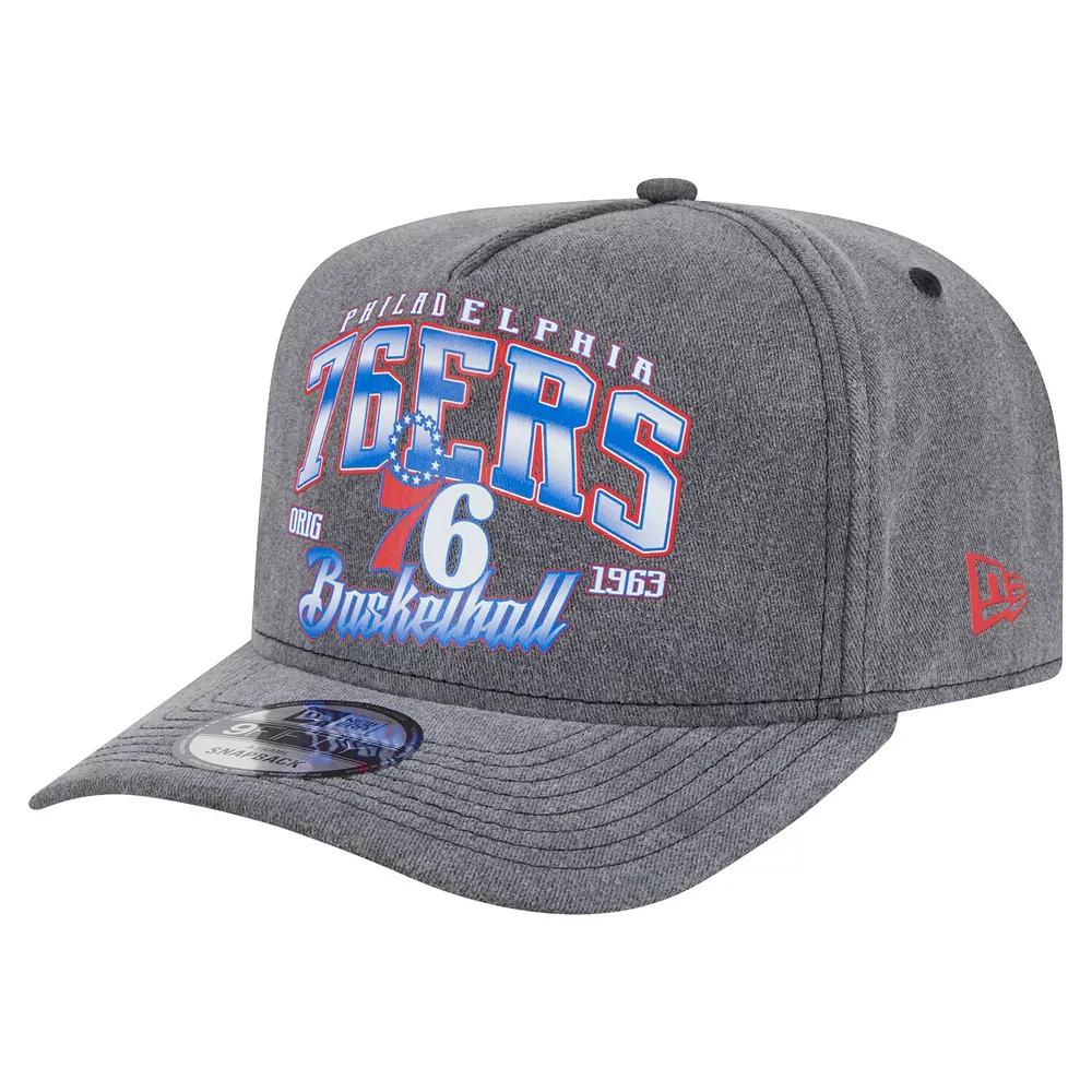 Men's New Era Charcoal Philadelphia 76ers Throwback Washed Pre-Curved 9FIFTY Snapback Hat, 76r Charco Product Image