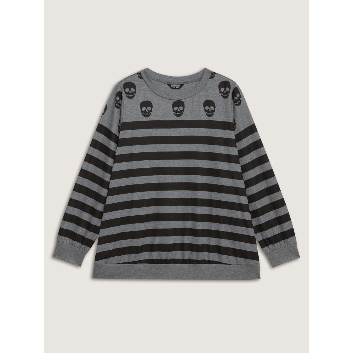 Plus Size Skull Stripe Print Crewneck Sweatshirt Women DimGray Leisure Non Round Neck Casual Sweatshirts BloomChic 22-24/3X Product Image