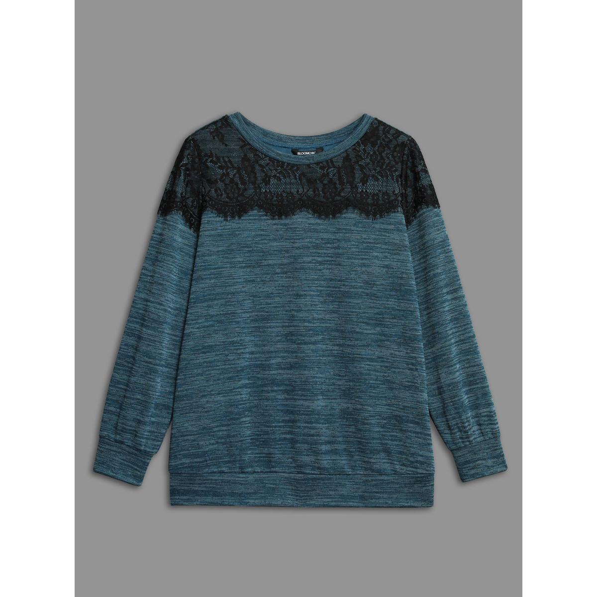 Plus Size Lace Patchwork Color Contrast Sweatshirt Women Cyan Casual Woven ribbon&lace trim Round Neck Everyday Sweatshirts BloomChic 10/M Product Image