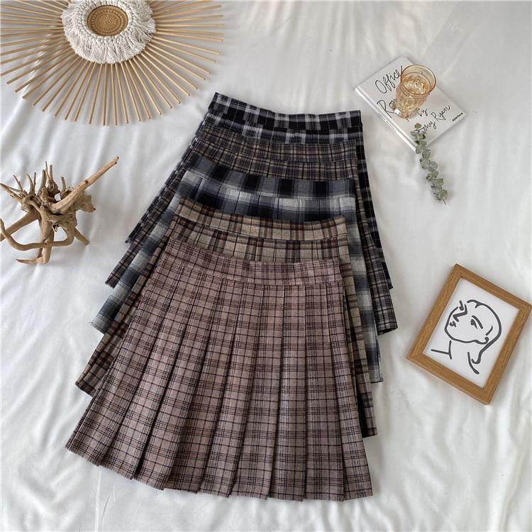 High Waist Plaid Pleated Mini Skirt Product Image