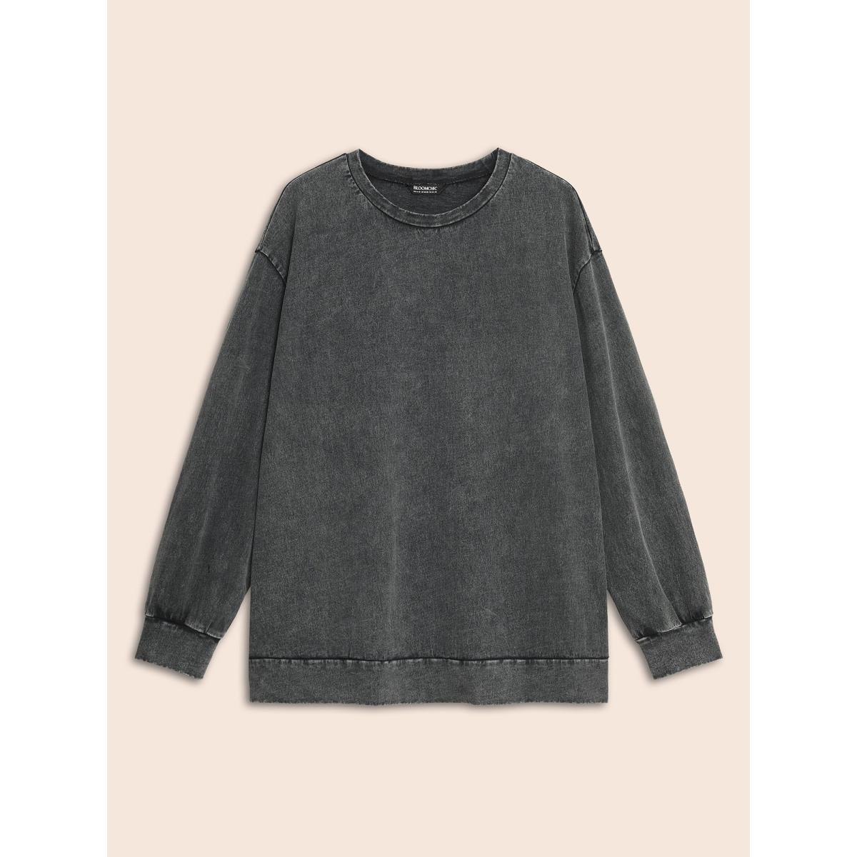 Plus Size Vintage Round Neck Slightly Stretchy Sweatshirt Women Black Casual Non Loose Round Neck Everyday Sweatshirts BloomChic 22-24/3X Product Image