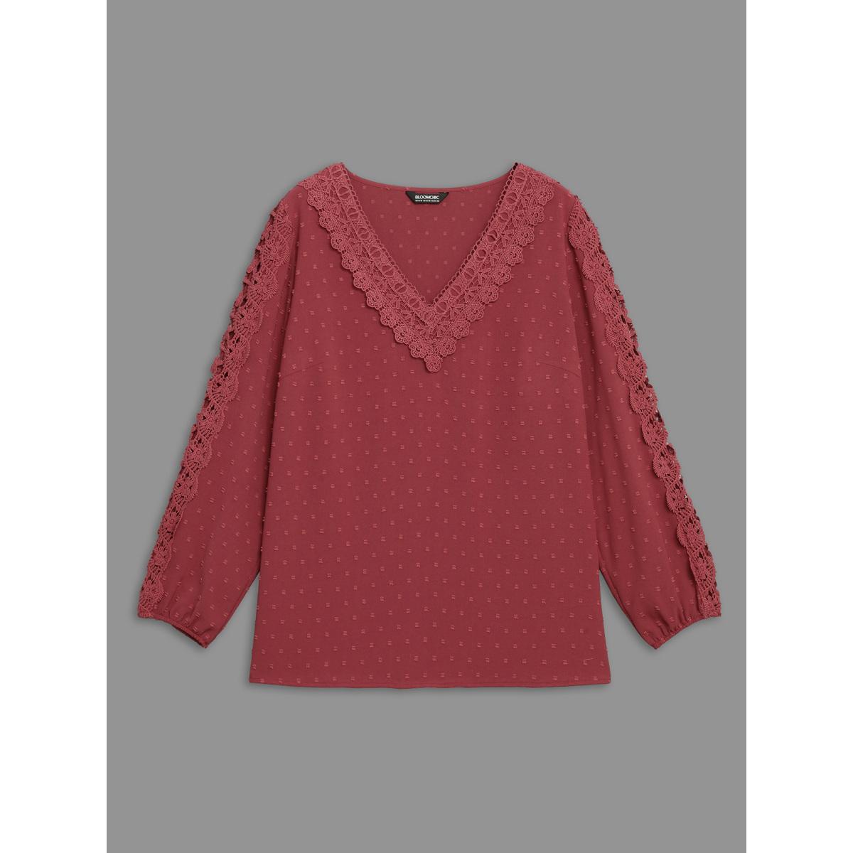 Plus Size Russet Lace Trim V-Neck Textured Blouse Women Elegant Long Sleeve V-neck Everyday Blouses BloomChic 18-20/2X Product Image