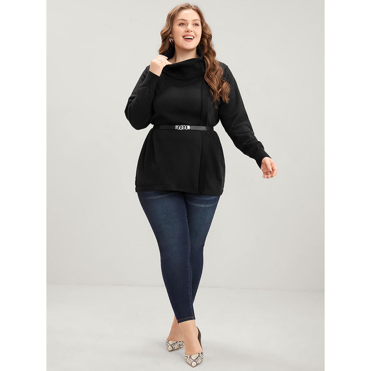 Plus Size Solid Super Soft Knit Tie Funnel Neck Knit Top Black Women Elegant Long Sleeve Turtleneck Dailywear Pullovers BloomChic 22-24/3X Product Image