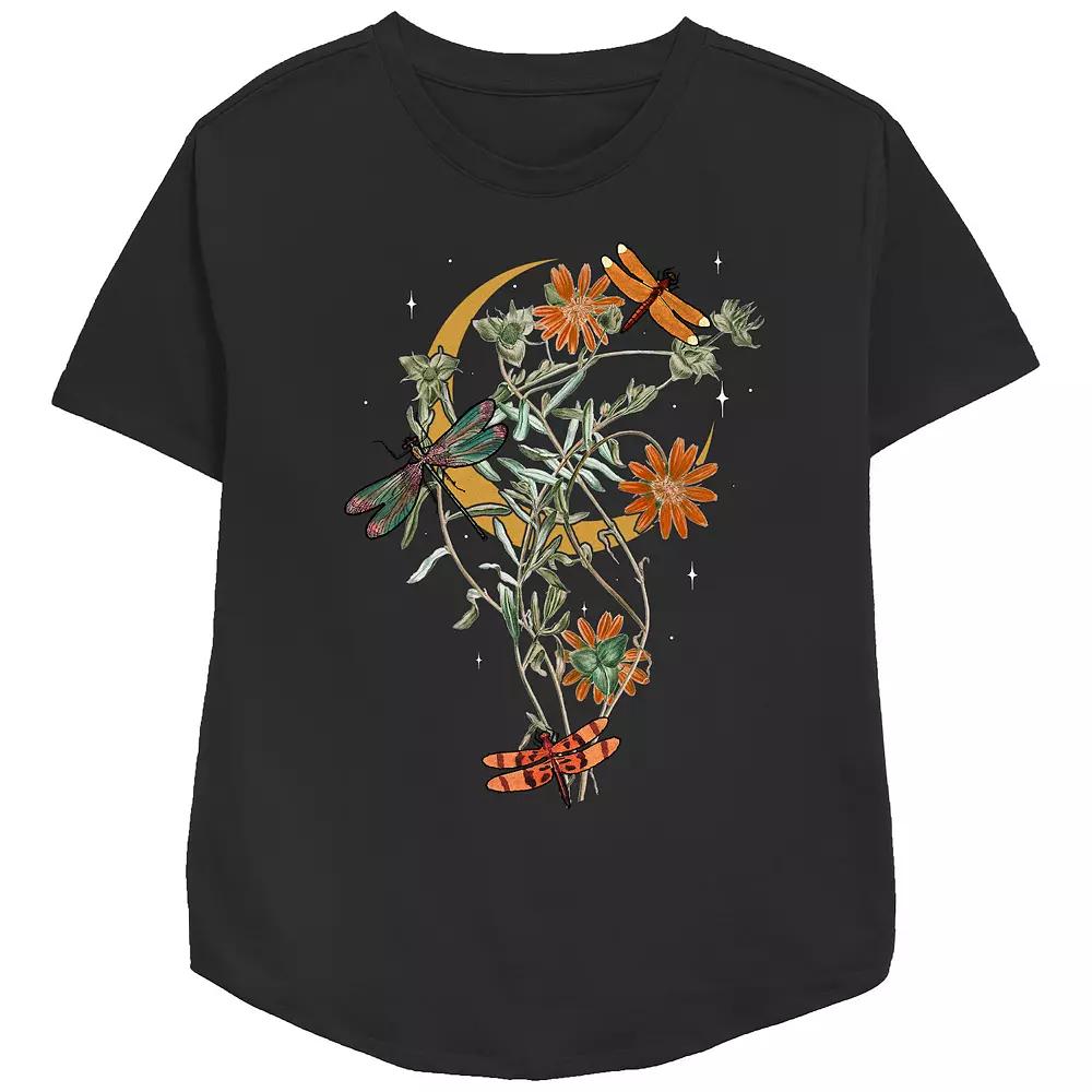 Women's Fall Floral Dragonfly Relaxed Fit Graphic Tee, Size: Small, Black Product Image