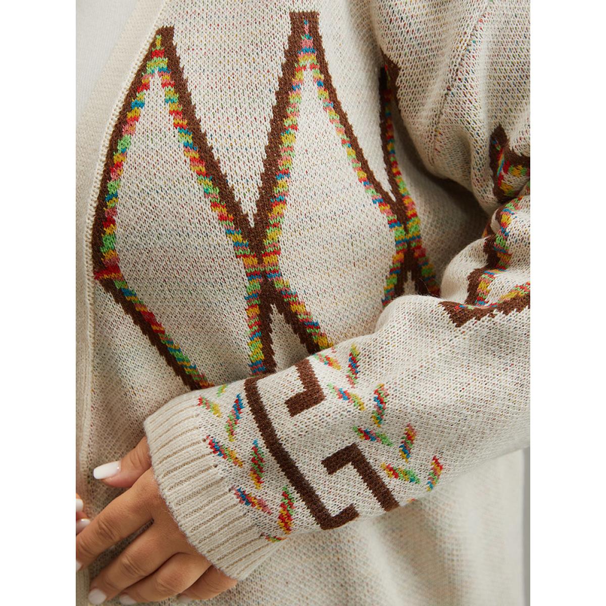 Plus Size Boho Geometric Print Open Front Cardigan Beige Women Casual Loose Long Sleeve Everyday Cardigans BloomChic 10/M Product Image