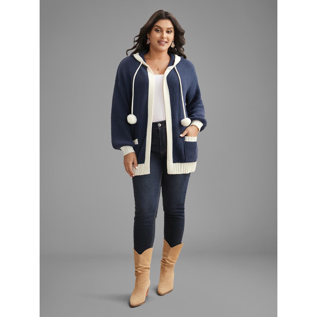 Plus Size Contrast Hood Hemline Pockets Open Cardigan Indigo Women Casual Loose Long Sleeve Everyday Cardigans BloomChic 18-20/2X Product Image