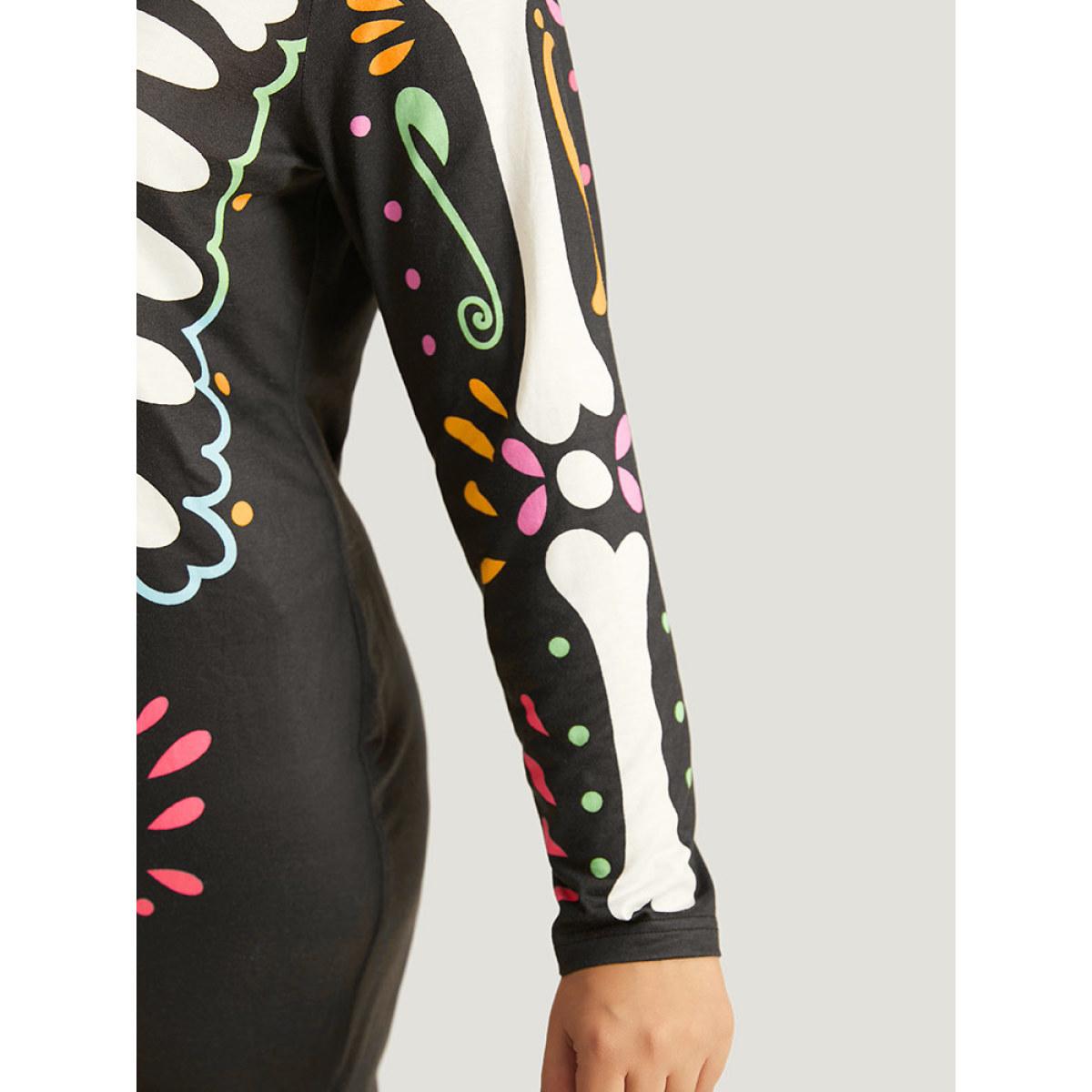 Plus Size Halloween Skull Print Round Neck Split Hem Dress Black Women Casual Printed Round Neck Long Sleeve Curvy Midi Dress BloomChic 14-16/1X Product Image