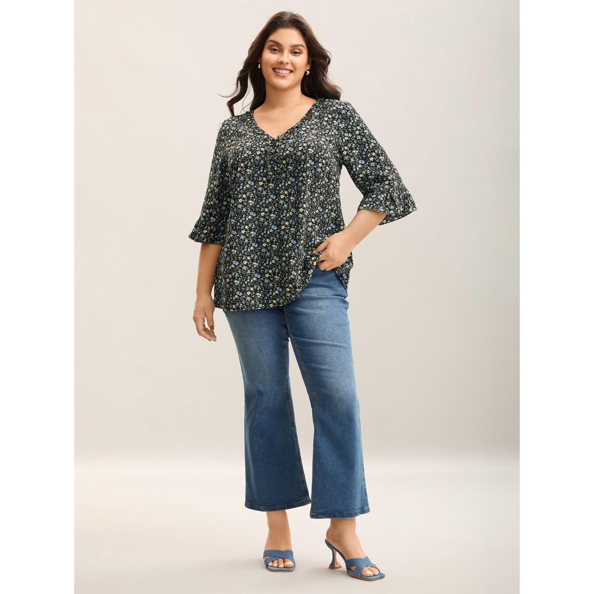 Plus Size Multicolor Ditsy Floral Print Frill Trim Blouse Women Timeless Elbow-length sleeve V-neck Elegant Blouses BloomChic 22-24/3X Product Image