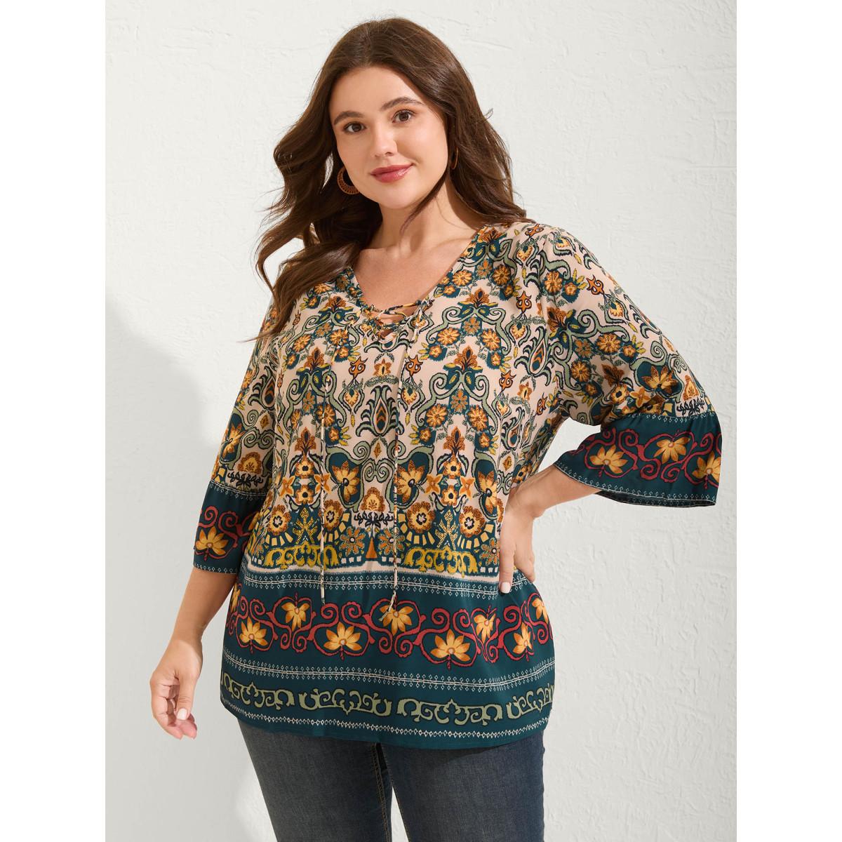 Plus Size Multicolor Boho Print Lace Up Bell Sleeve Blouse Women Boho Half Sleeve V-neck Vacation Blouses BloomChic 12/L Product Image