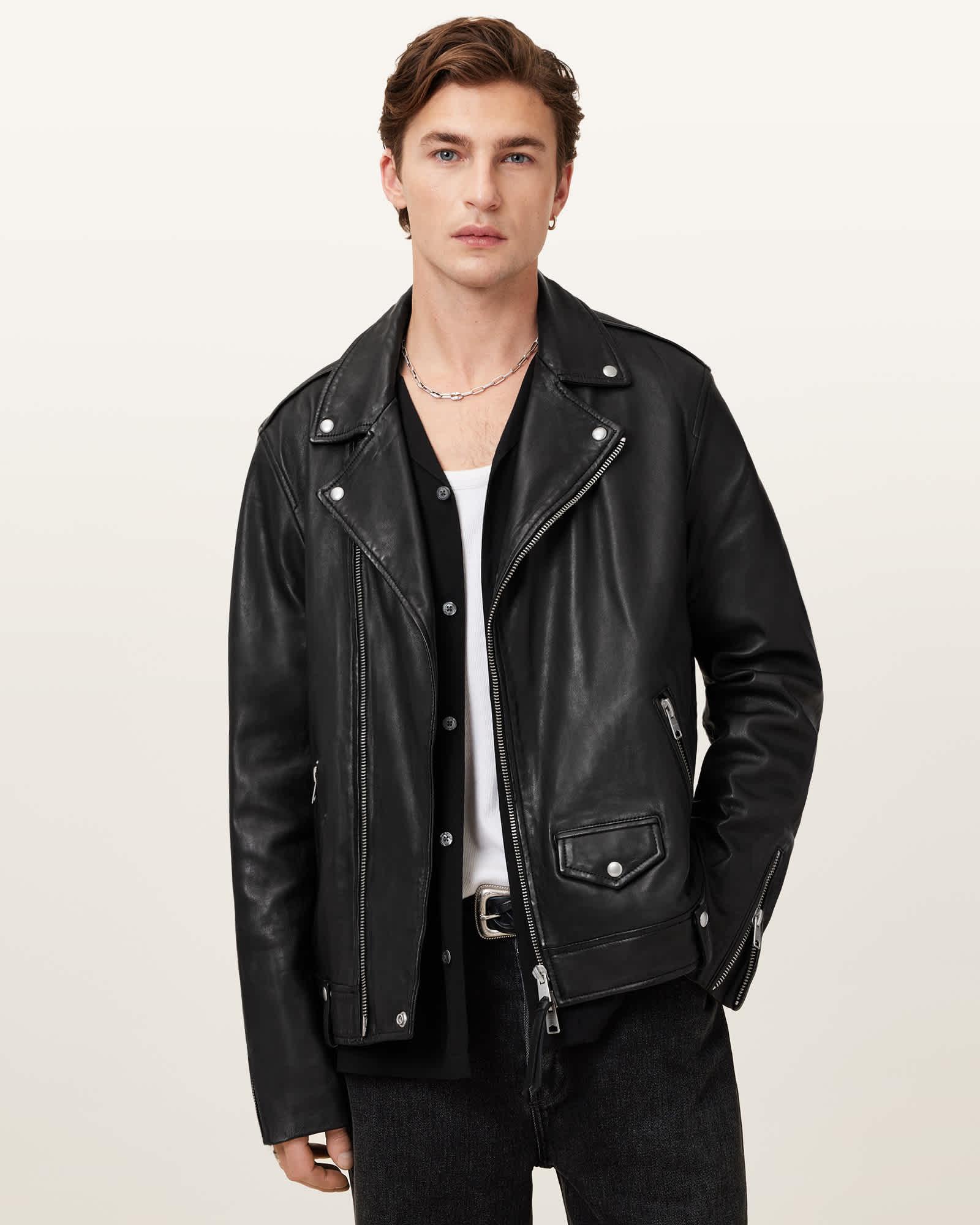 Milo Asymmetric Zip Leather Biker Jacket Black | ALLSAINTS US Product Image