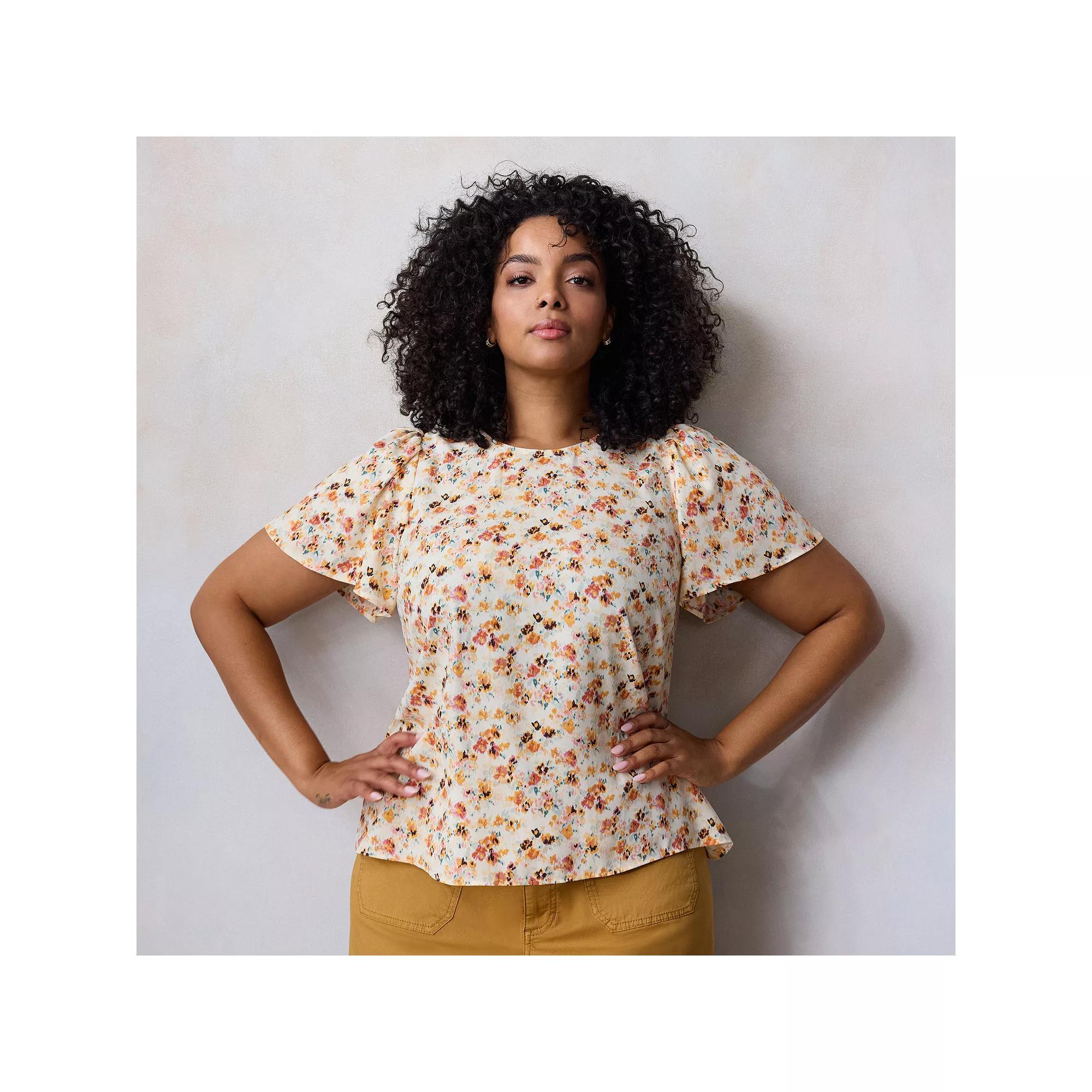 Plus Size LC Lauren Conrad Flutter Sleeve Woven Top, Women's, Size: 2XL, Yellow Fleurie Brush Product Image