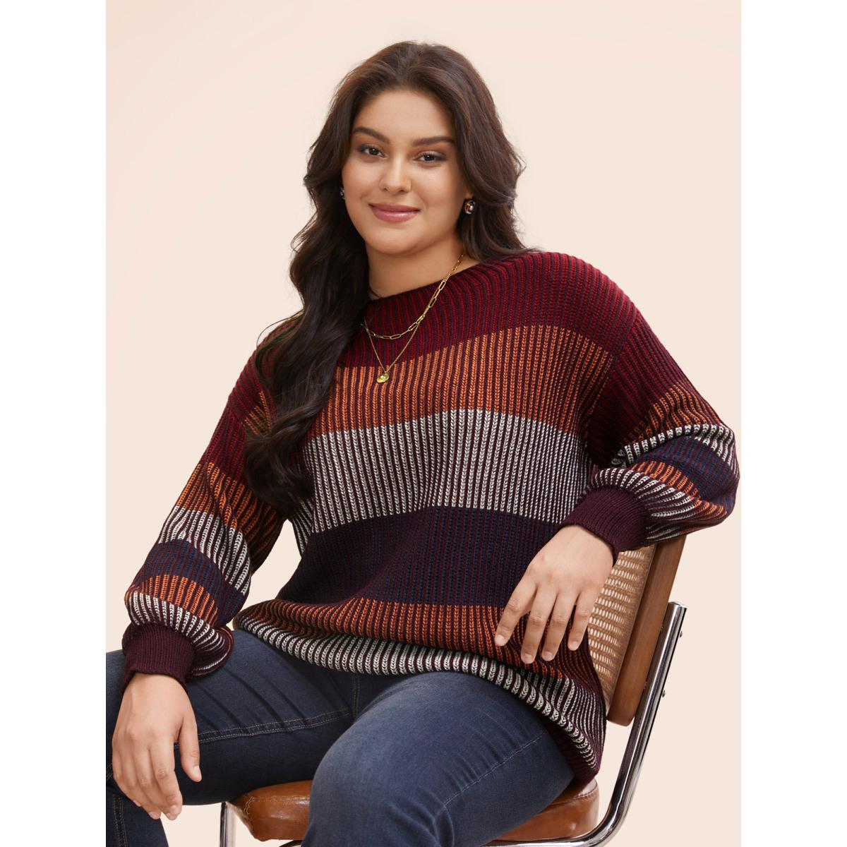 Plus Size Textured Striped Contrast Patchwork Pullover Deepred Women Casual Long Sleeve Round Neck Everyday Pullovers BloomChic 12/L Product Image