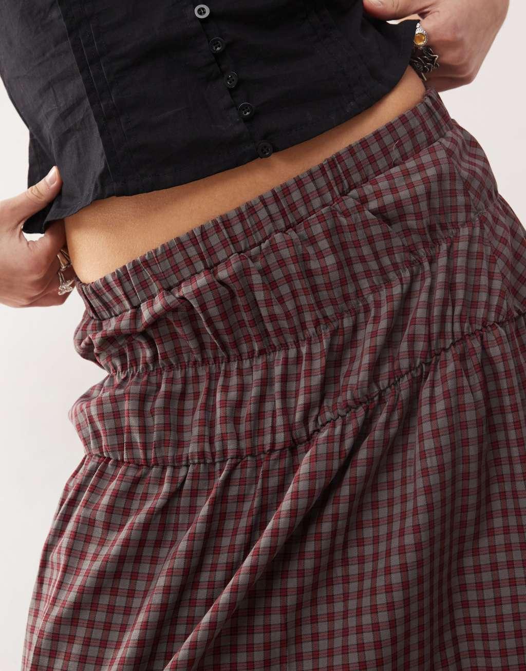 Reclaimed Vintage prairie midi skirt with ruffle hem and shirring in burgundy check Product Image