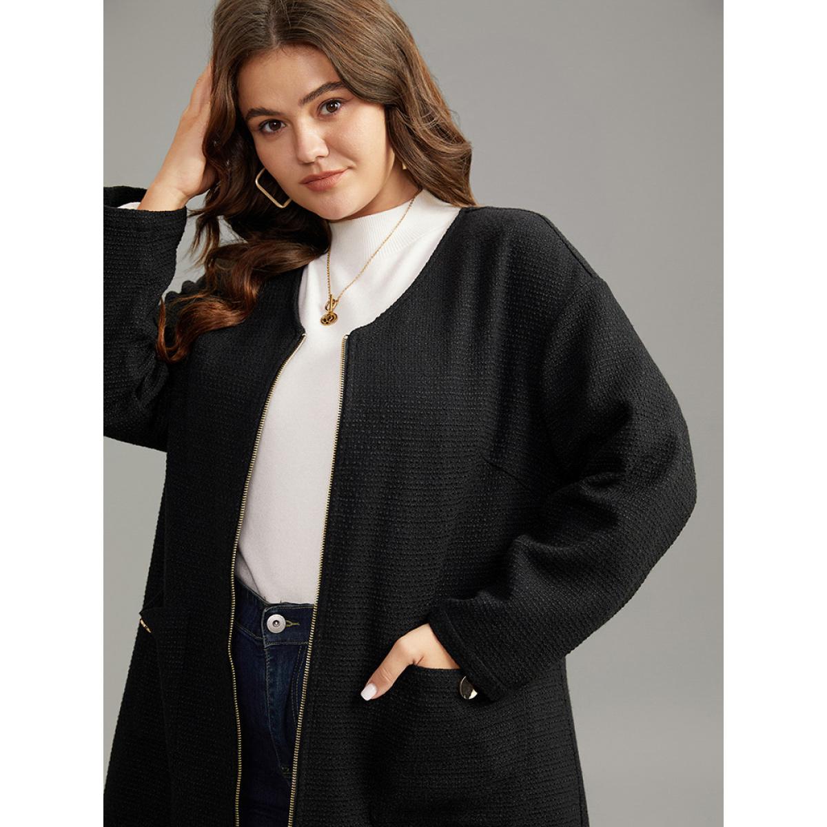Plus Size Solid Tweed Pocket Metai Detail Zipper Coat Women Black Casual Plain Ladies Dailywear Winter Coats BloomChic 18-20/2X Product Image
