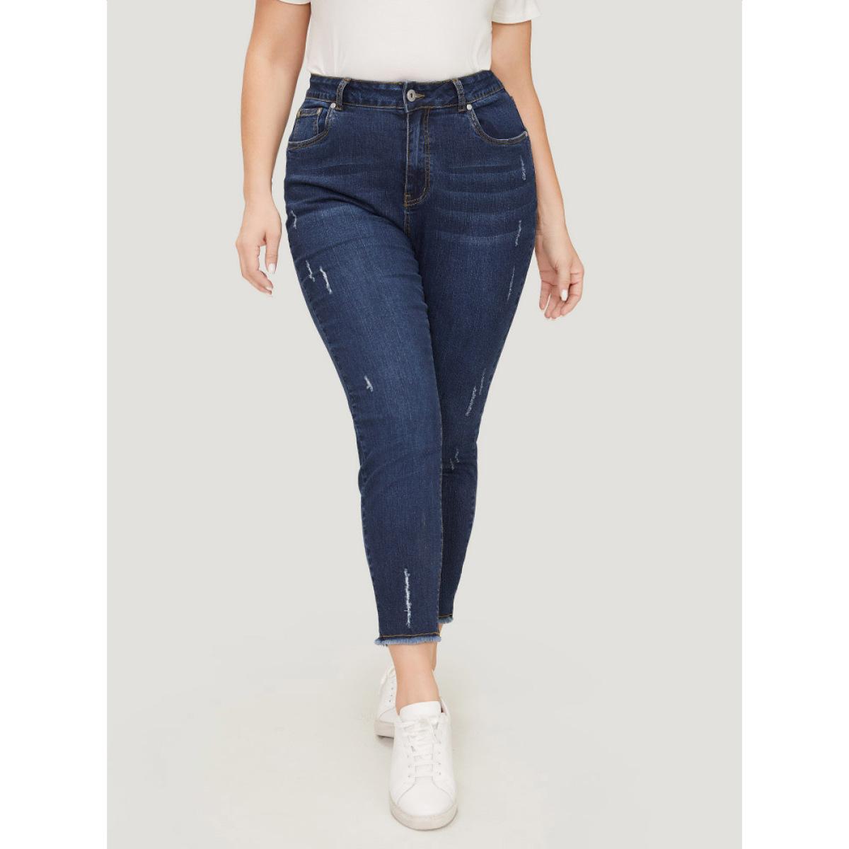 Plus Size Straight Leg Very Stretchy Raw Hem Jeans Women DarkBlue Casual Plain High stretch Pocket Jeans BloomChic 10/M Product Image