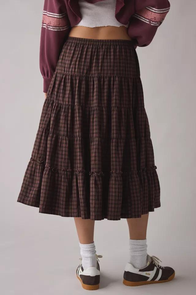 Kimchi Blue Betty Brown Plaid Tiered Midi Skirt Product Image