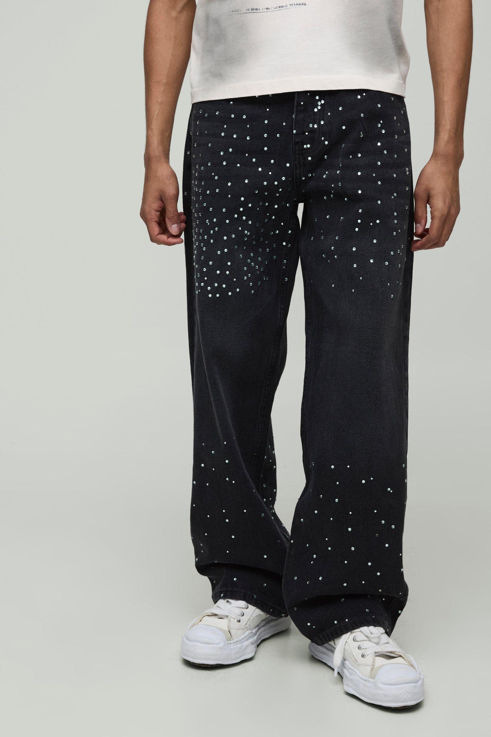 All Over Rhinestone Star Pocket Relaxed Fit Jeans | boohooMAN USA Product Image