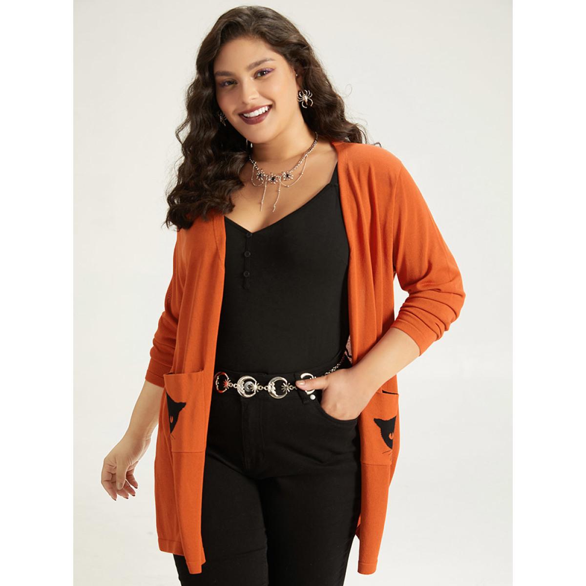 Plus Size Halloween Cat Print Split Side Patched Pocket Cardigan Coral Women Casual Loose Long Sleeve Festival-Halloween Cardigans BloomChic 10/M Product Image
