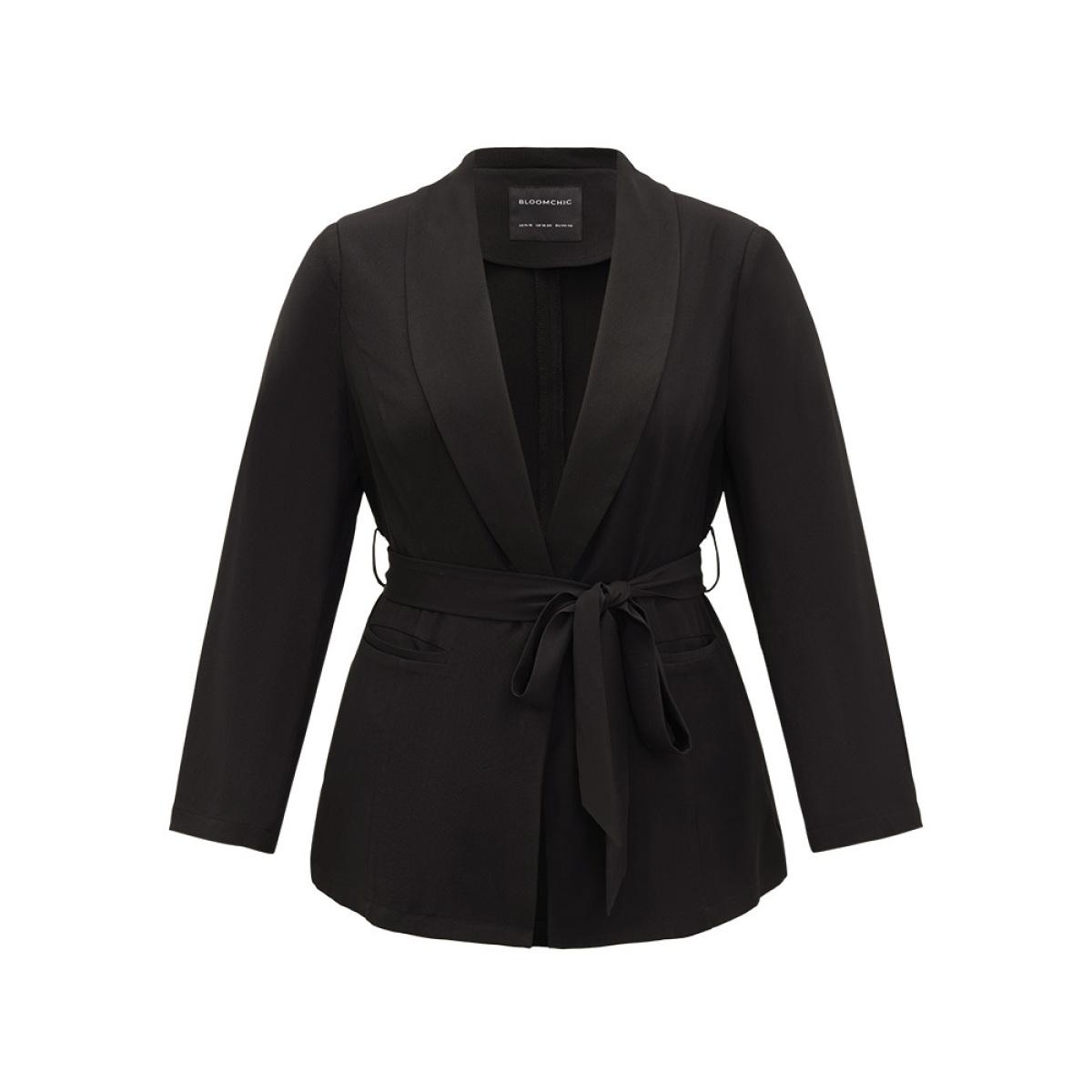Plus Size Plain Ties Pocket Belted Lapel Collar Blazer Black Women Office Plain Plain Sleeve Long Sleeve Lapel Collar 26/4X Pocket Belt Workwear Essentials Blazers BloomChic Product Image