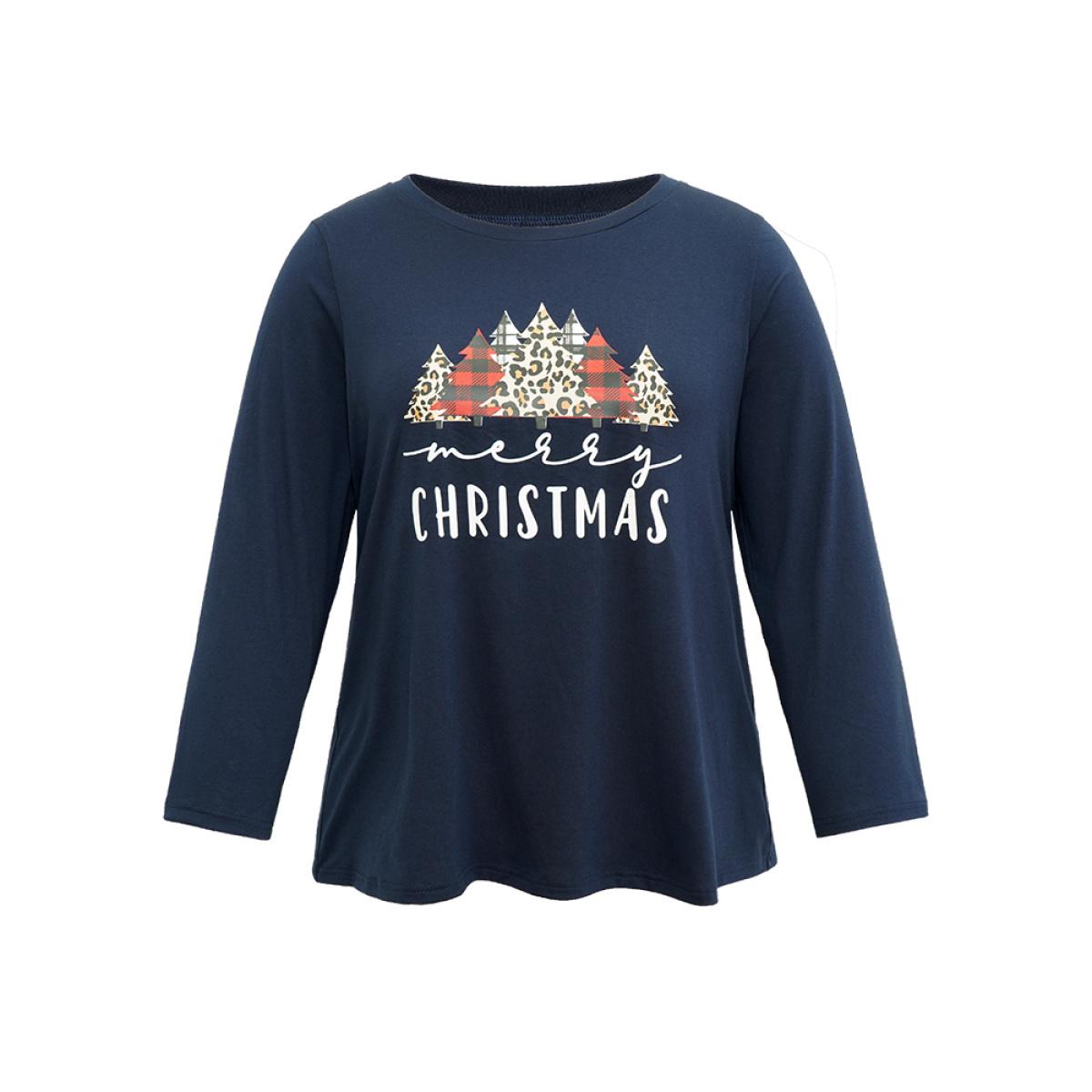 Plus Size Christmas Trees Letter Print Round Neck T-shirt Indigo Women Casual Printed Christmas Festival-Christmas T-shirts BloomChic 22-24/3X Product Image