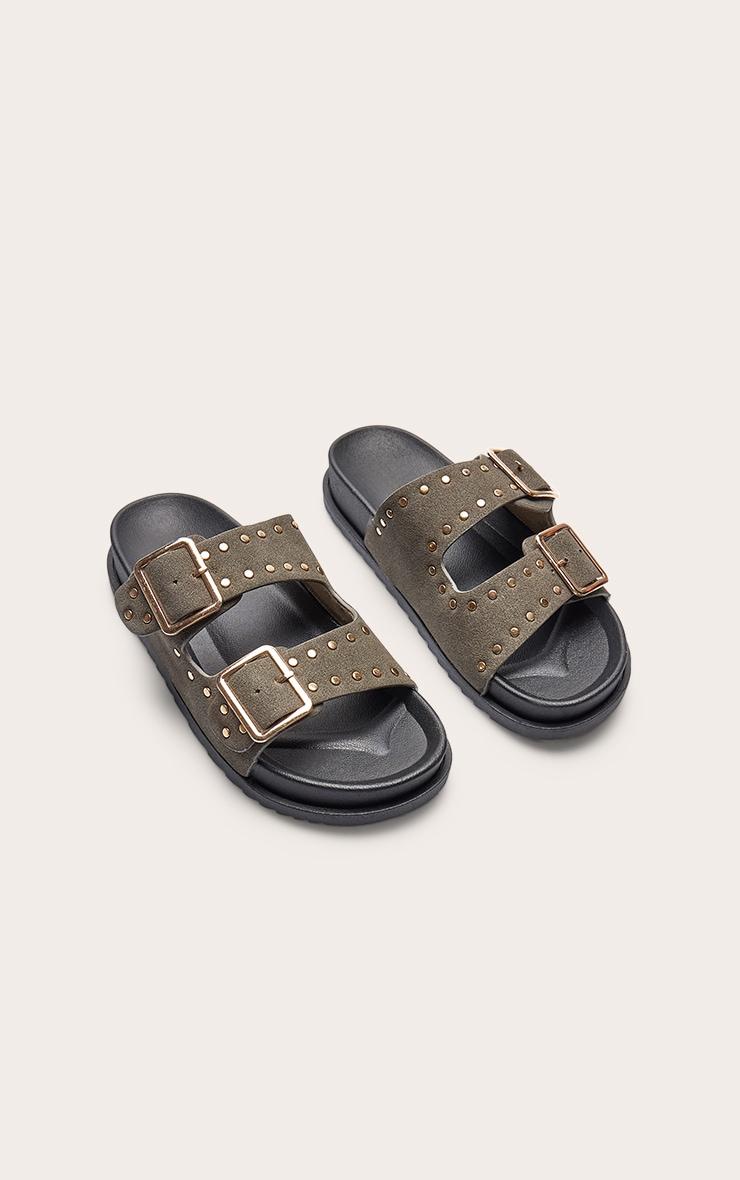 Green Double Buckle Faux Suede Flatbed Sandals Product Image