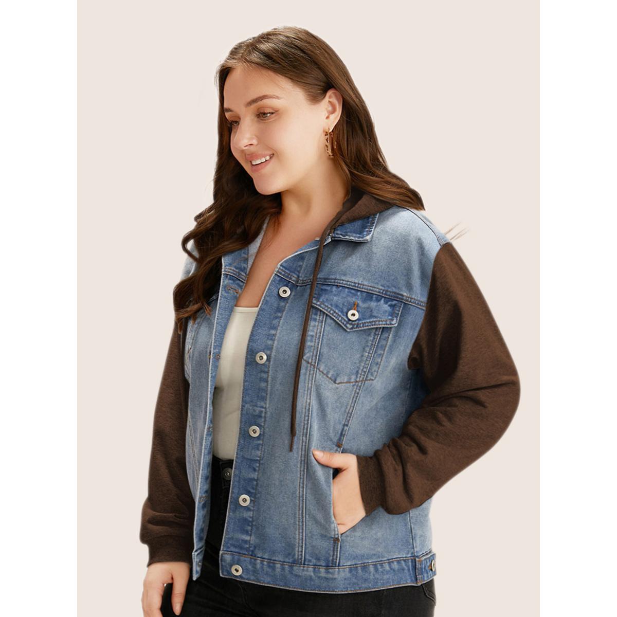 Women Hooded Patchwork Flap Pocket Denim Jacket DarkBrown Plus Size Plain Contrast Casual Slanted pocket Leisure Denim Jackets BloomChic 30/6X Product Image