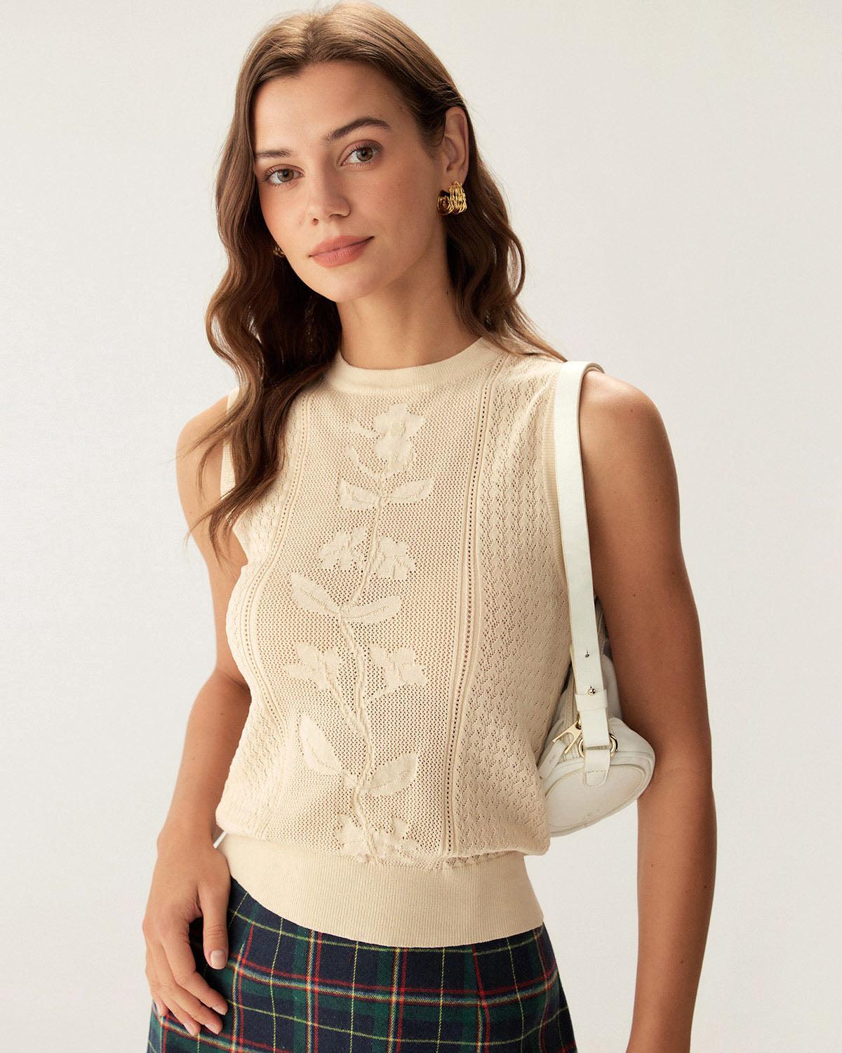Beige Crew Neck Knit Tank Top Product Image