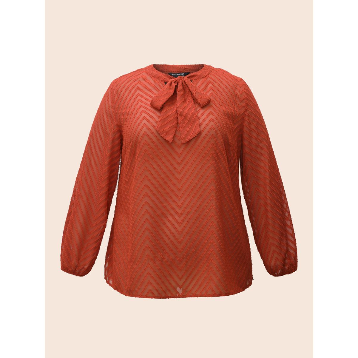 Plus Size Rust Wicked Neck Ribbon Lantern Sleeve Blouse Women Elegant Long Sleeve Ribbon-tied collar Everyday Blouses BloomChic 28/5X Product Image