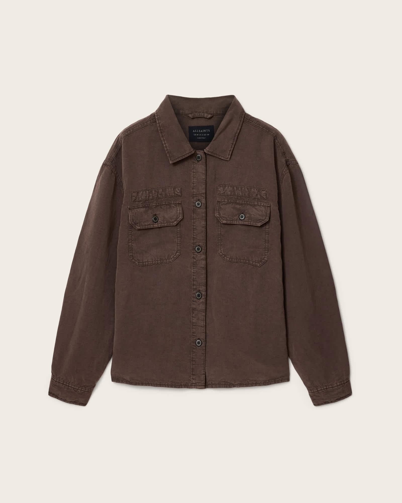 Korten Linen Blend Relaxed Fit Shacket PLUM BROWN | ALLSAINTS US Product Image
