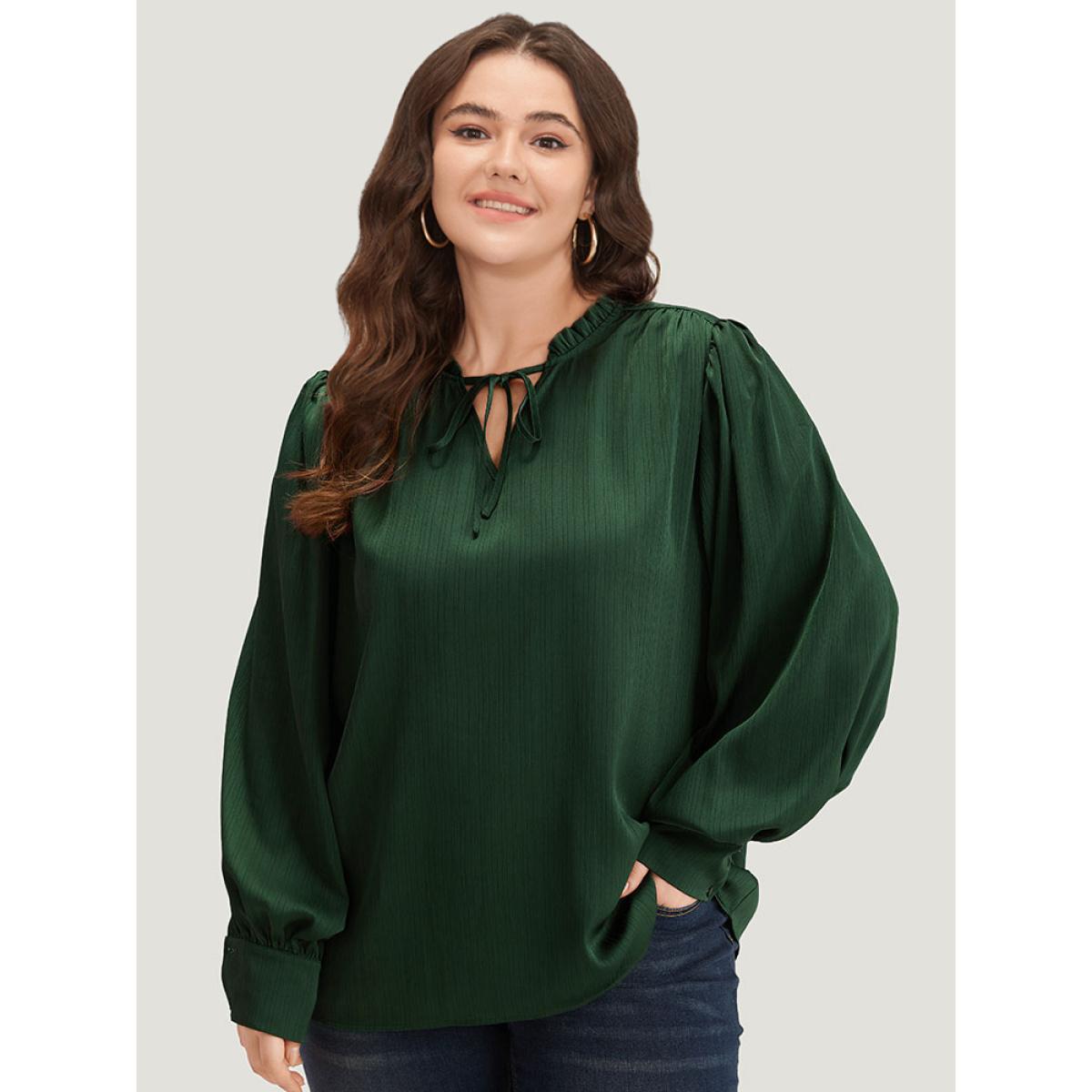Plus Size DarkGreen Anti-Wrinkle Solid Knot Neck Gathered Lantern Sleeve Blouse Women Office Long Sleeve Tie Neck Work Blouses BloomChic 26/4X Product Image