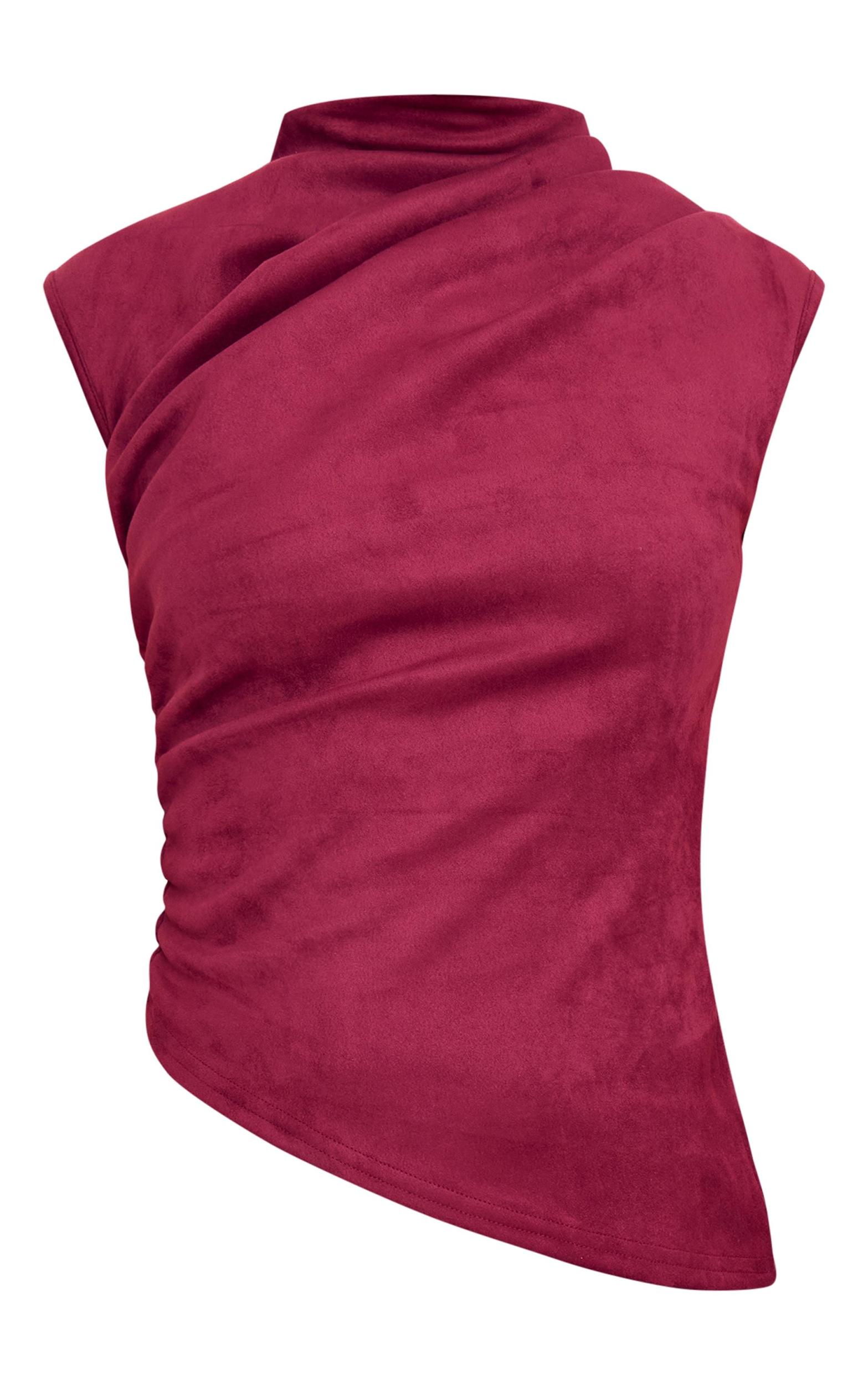 Burgundy Faux Suede High Neck Asymmetric Hem Long Top Product Image
