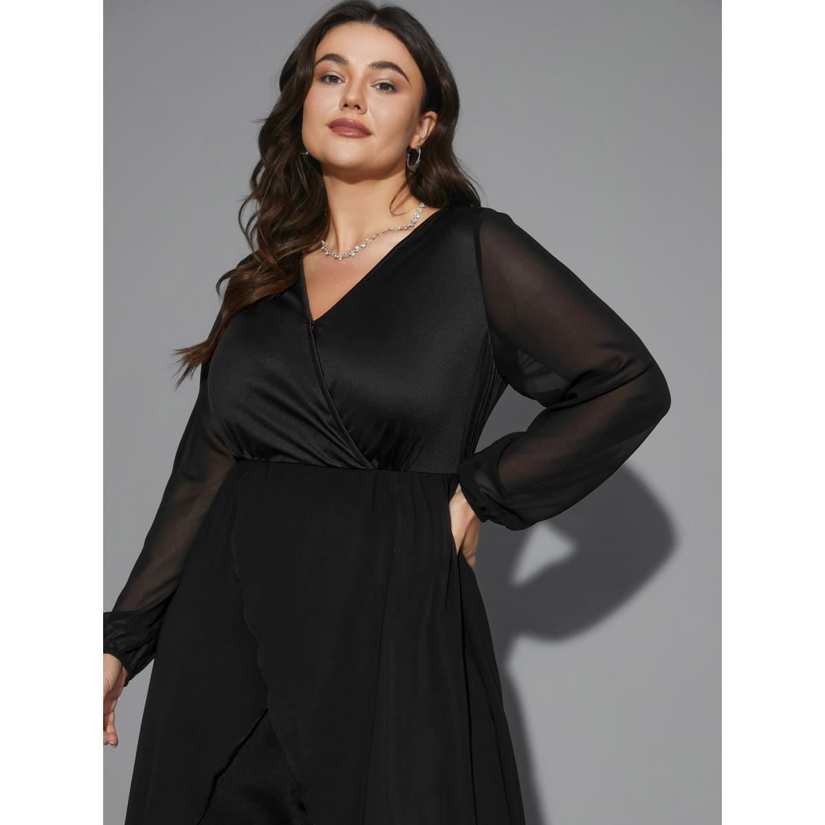 Plus Size Black Chiffon Mesh Overlap Collar Gathered Jumpsuit Women Cocktail Long Sleeve Overlap Collar Party Loose Jumpsuits BloomChic 14-16/1X Product Image