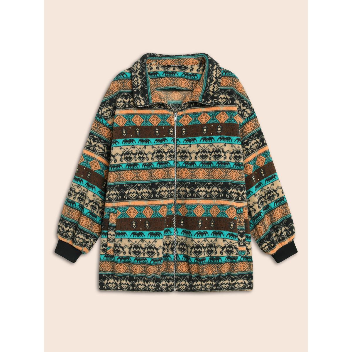 Plus Size Holiday Zipper Collared Jacket Women Multicolor Contrast Loose Slanted pocket Everyday Jackets BloomChic 14-16/1X Product Image