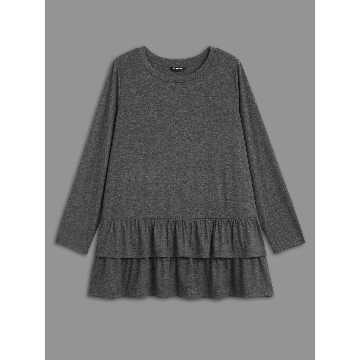 Plus Size Round Neck Tiered Ruffles Hem T-Shirt DimGray Women Elegant Gathered Round Neck Everyday T-shirts BloomChic 12/L Product Image