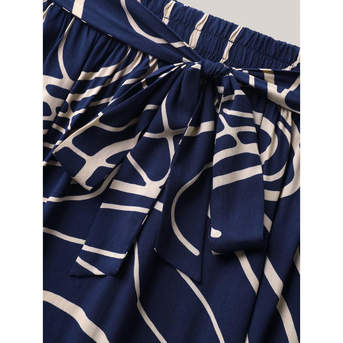 Plus Size Abstract Print Waist-Tie Midi Skirt Women DarkBlue At the Office Low stretch Slanted pocket Work Skirts BloomChic 12/L Product Image