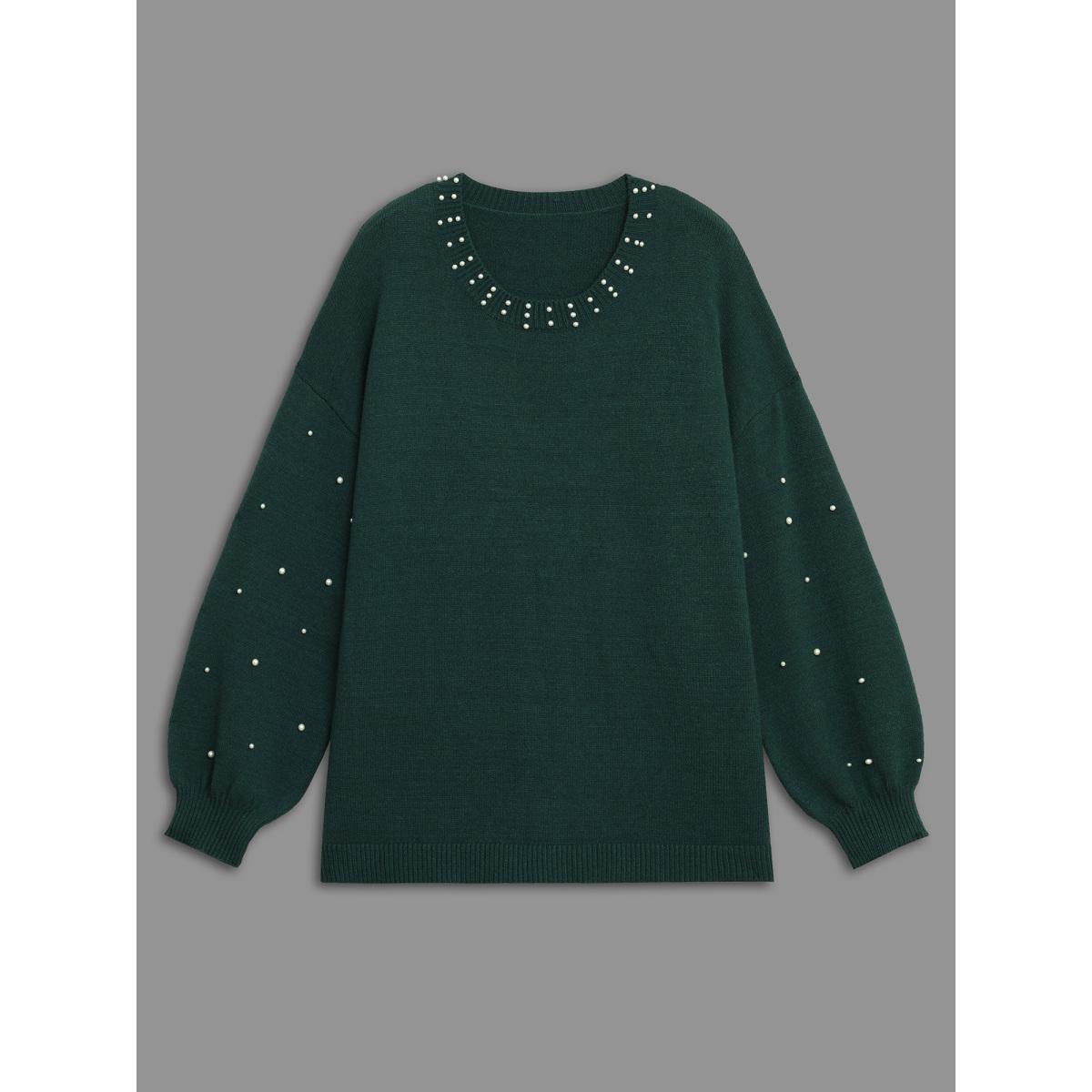 Plus Size Supersoft Essentials Beaded Neckline Drop-Shoulder Pullover DarkGreen Women Casual Loose Long Sleeve Round Neck Everyday Pullovers BloomChic 22-24/3X Product Image
